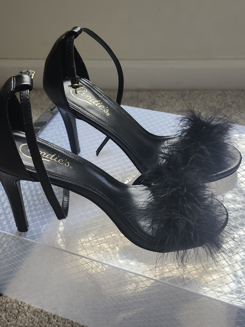 Candie's Black Feather Trim Ankle-Strap Stilettos
